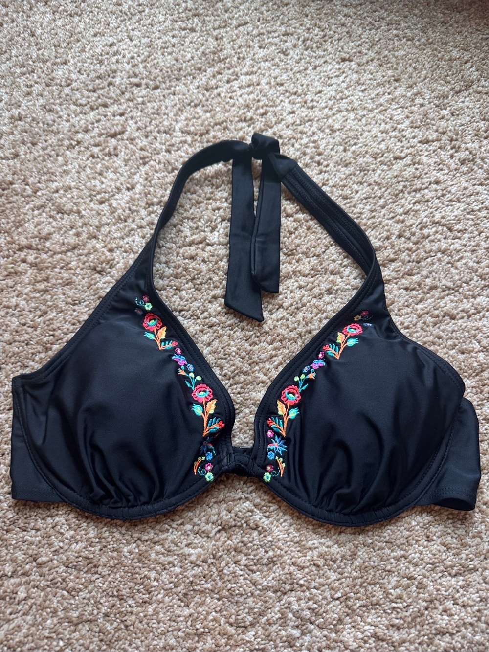 Lascana Black Halter Bikini Top with Colorful Floral Embroidery